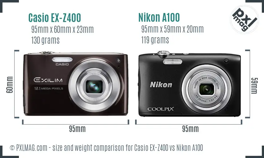 Casio EX-Z400 vs Nikon A100 size comparison