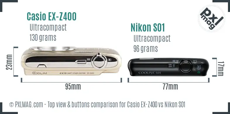 Casio EX-Z400 vs Nikon S01 top view buttons comparison