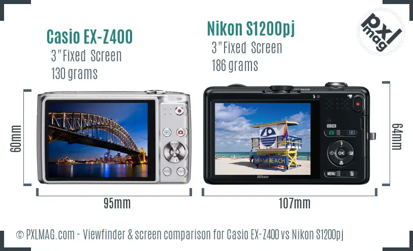 Casio EX-Z400 vs Nikon S1200pj Screen and Viewfinder comparison
