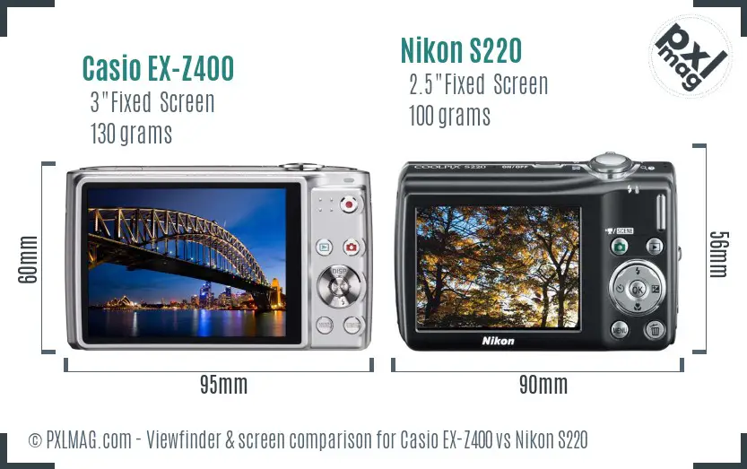 Casio EX-Z400 vs Nikon S220 Screen and Viewfinder comparison