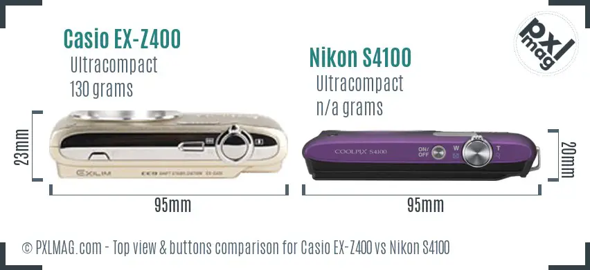 Casio EX-Z400 vs Nikon S4100 top view buttons comparison Casio EX-Z400 vs Nikon S4100 top view buttons comparison