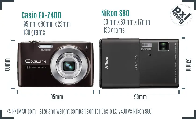 Casio EX-Z400 vs Nikon S80 size comparison