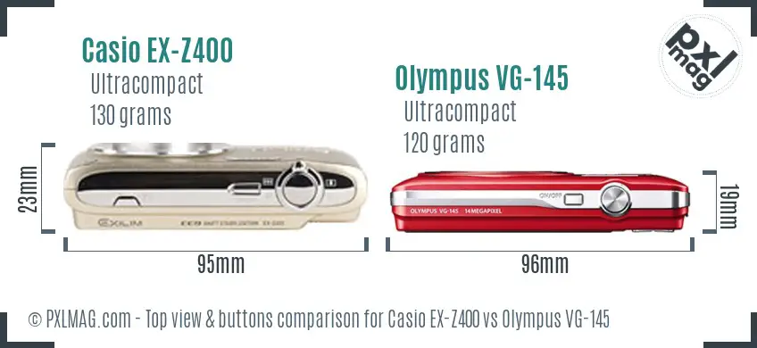 Casio EX-Z400 vs Olympus VG-145 top view buttons comparison Casio EX-Z400 vs Olympus VG-145 top view buttons comparison