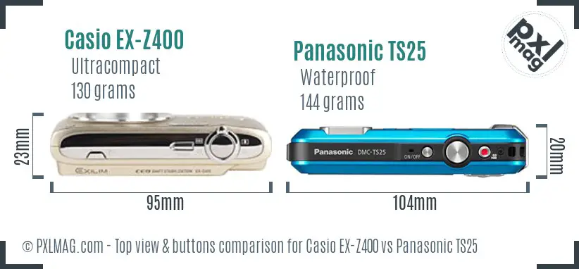 Casio EX-Z400 vs Panasonic TS25 top view buttons comparison