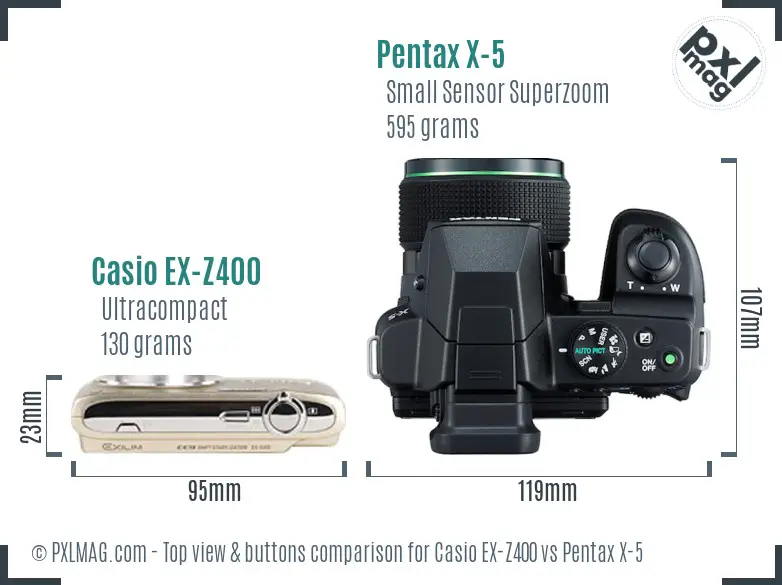 Casio EX-Z400 vs Pentax X-5 top view buttons comparison