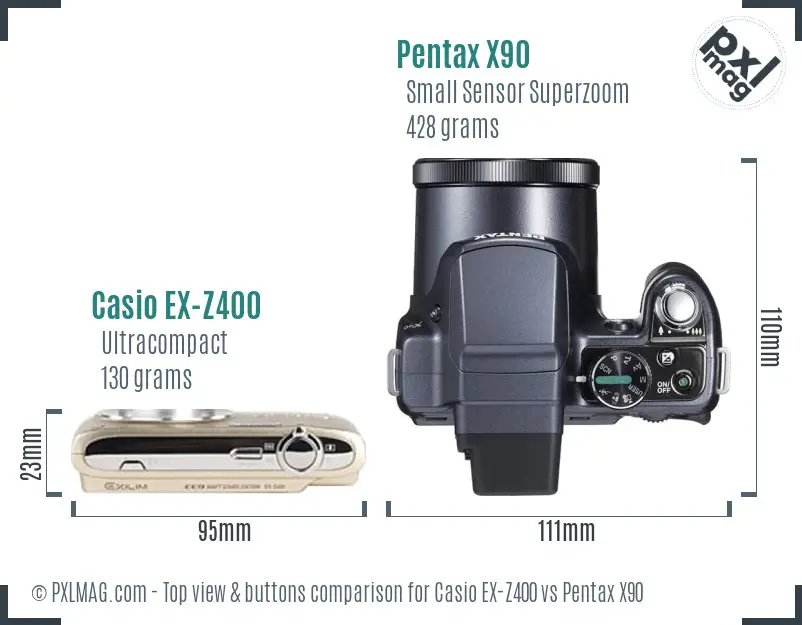 Casio EX-Z400 vs Pentax X90 top view buttons comparison