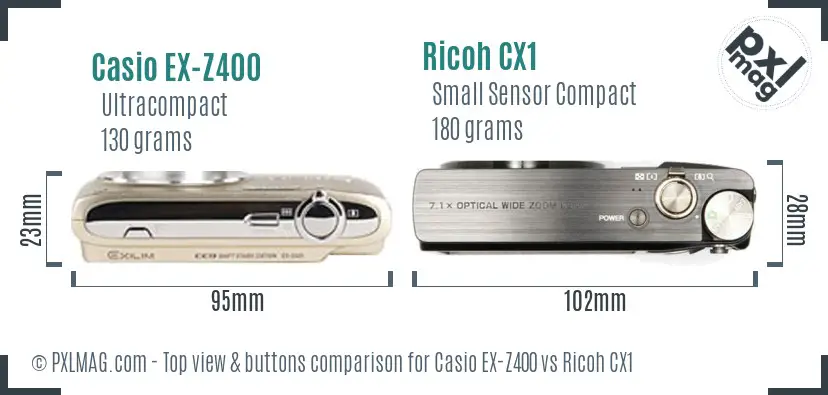 Casio EX-Z400 vs Ricoh CX1 top view buttons comparison Casio EX-Z400 vs Ricoh CX1 top view buttons comparison