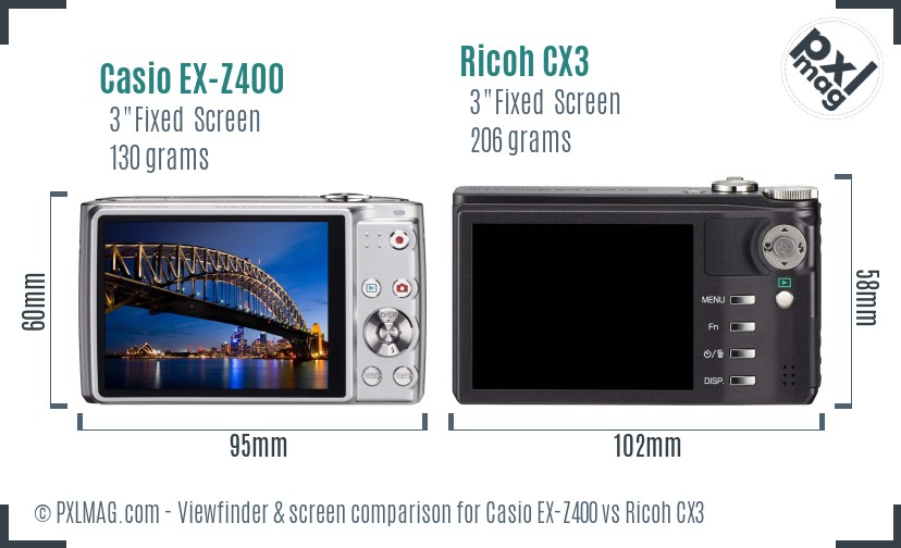 Casio EX-Z400 vs Ricoh CX3 Screen and Viewfinder comparison