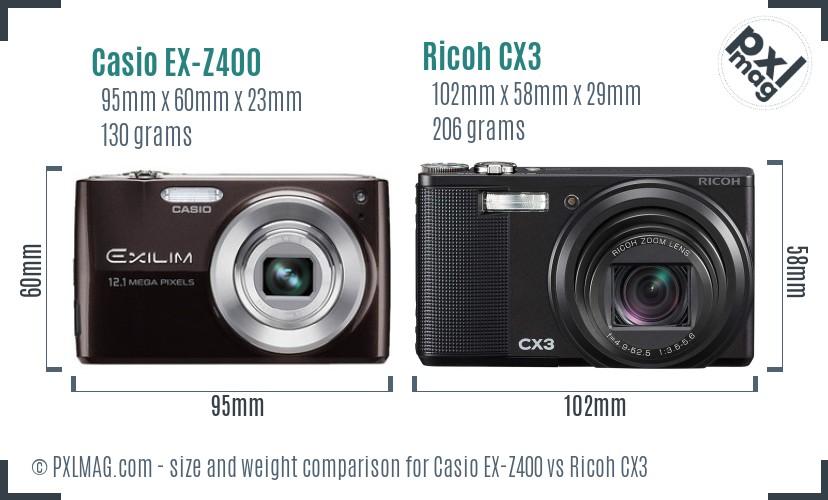 Casio EX-Z400 vs Ricoh CX3 size comparison