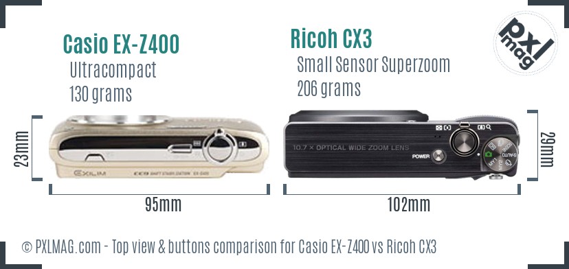 Casio EX-Z400 vs Ricoh CX3 top view buttons comparison