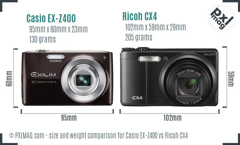 Casio EX-Z400 vs Ricoh CX4 size comparison