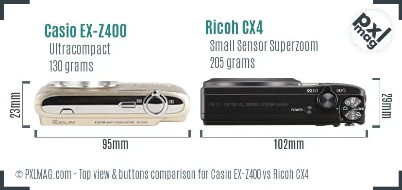 Casio EX-Z400 vs Ricoh CX4 top view buttons comparison