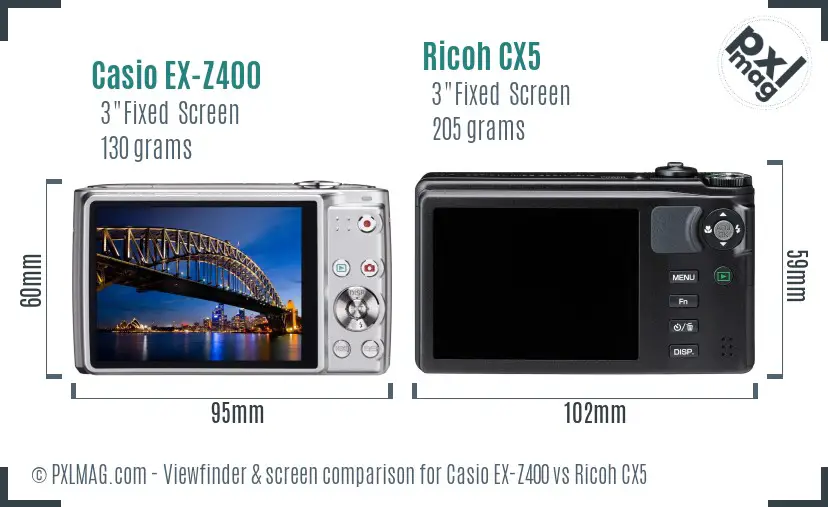 Casio EX-Z400 vs Ricoh CX5 Screen and Viewfinder comparison