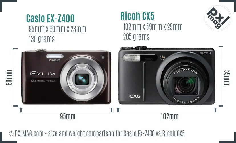 Casio EX-Z400 vs Ricoh CX5 size comparison