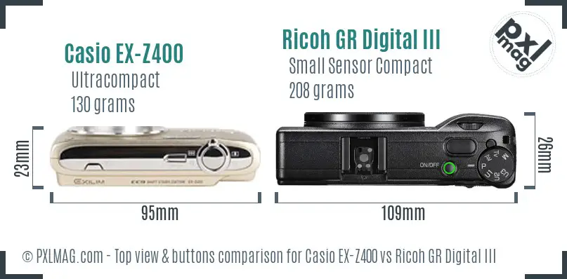 Casio EX-Z400 vs Ricoh GR Digital III top view buttons comparison Casio EX-Z400 vs Ricoh GR Digital III top view buttons comparison