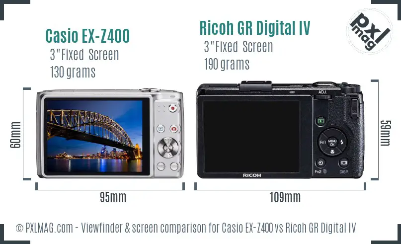 Casio EX-Z400 vs Ricoh GR Digital IV Screen and Viewfinder comparison