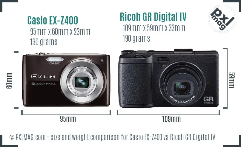 Casio EX-Z400 vs Ricoh GR Digital IV size comparison