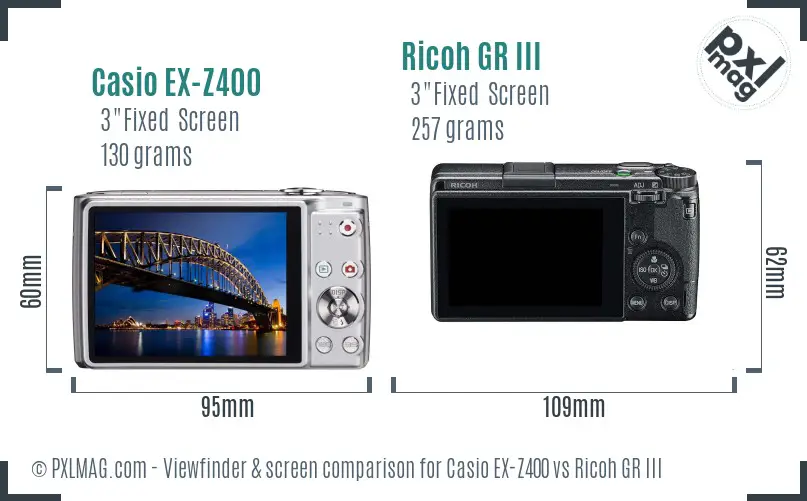 Casio EX-Z400 vs Ricoh GR III Screen and Viewfinder comparison