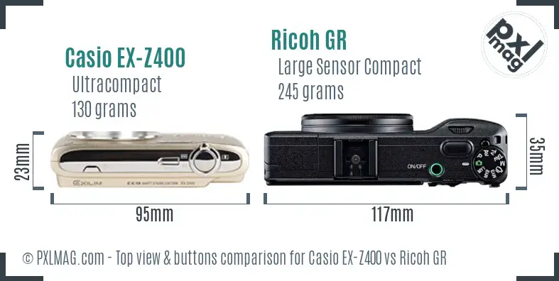 Casio EX-Z400 vs Ricoh GR top view buttons comparison Casio EX-Z400 vs Ricoh GR top view buttons comparison