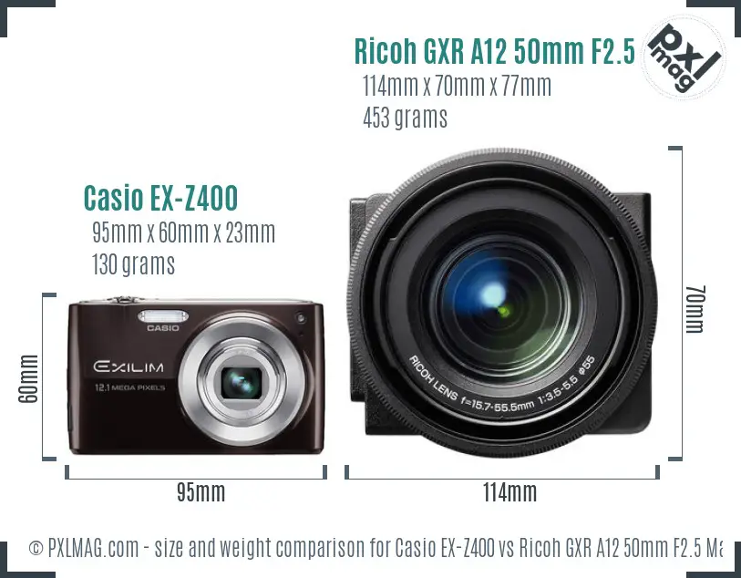 Casio EX-Z400 vs Ricoh GXR A12 50mm F2.5 Macro size comparison