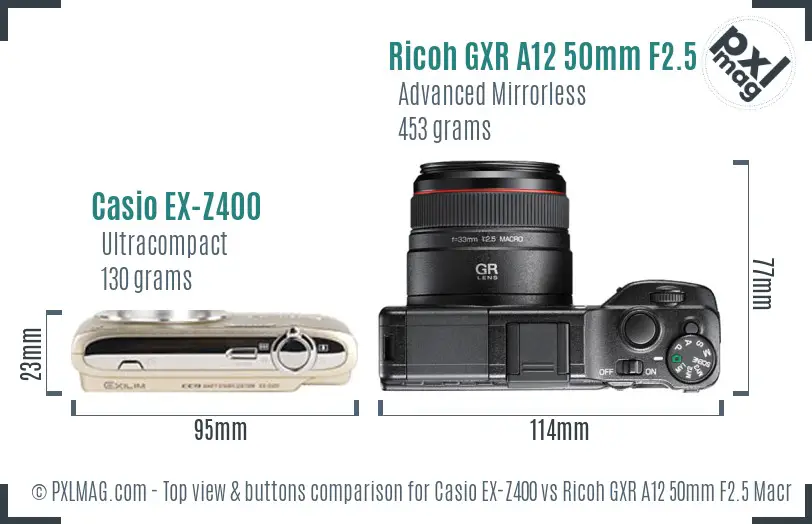Casio EX-Z400 vs Ricoh GXR A12 50mm F2.5 Macro top view buttons comparison