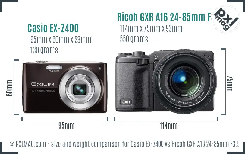 Casio EX-Z400 vs Ricoh GXR A16 24-85mm F3.5-5.5 size comparison