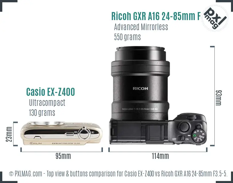 Casio EX-Z400 vs Ricoh GXR A16 24-85mm F3.5-5.5 top view buttons comparison