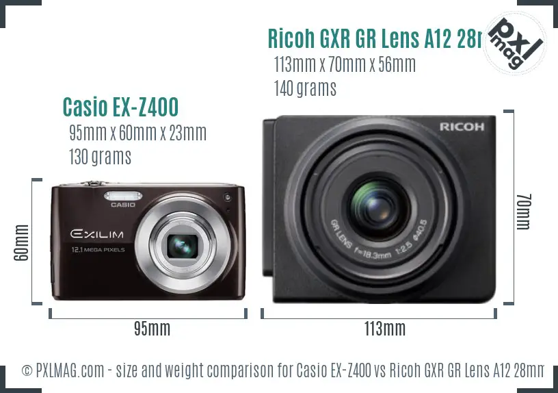 Casio EX-Z400 vs Ricoh GXR GR Lens A12 28mm F2.5 size comparison