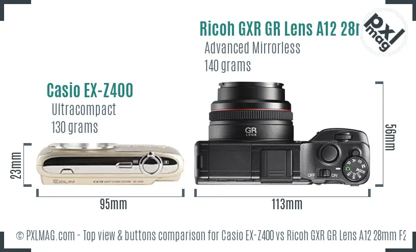 Casio EX-Z400 vs Ricoh GXR GR Lens A12 28mm F2.5 top view buttons comparison