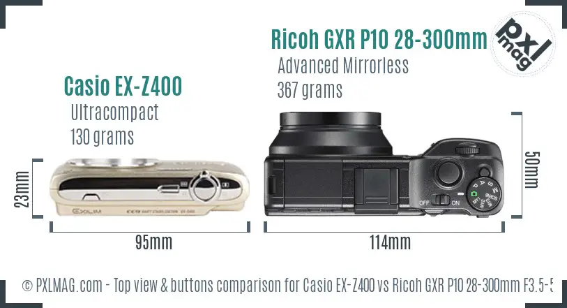 Casio EX-Z400 vs Ricoh GXR P10 28-300mm F3.5-5.6 VC top view buttons comparison