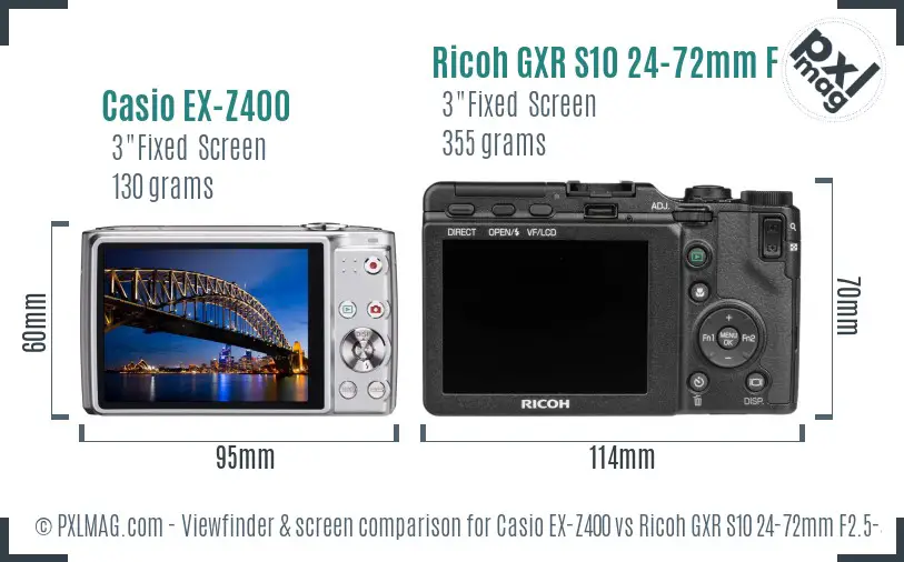 Casio EX-Z400 vs Ricoh GXR S10 24-72mm F2.5-4.4 VC Screen and Viewfinder comparison