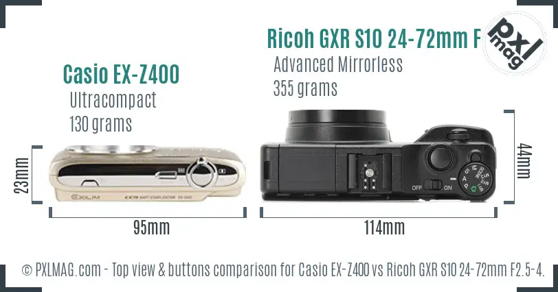 Casio EX-Z400 vs Ricoh GXR S10 24-72mm F2.5-4.4 VC top view buttons comparison