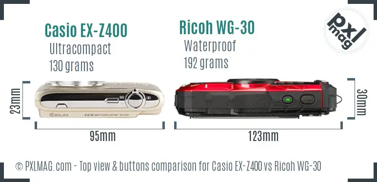 Casio EX-Z400 vs Ricoh WG-30 top view buttons comparison Casio EX-Z400 vs Ricoh WG-30 top view buttons comparison