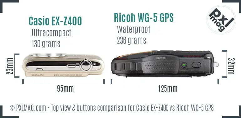 Casio EX-Z400 vs Ricoh WG-5 GPS top view buttons comparison
