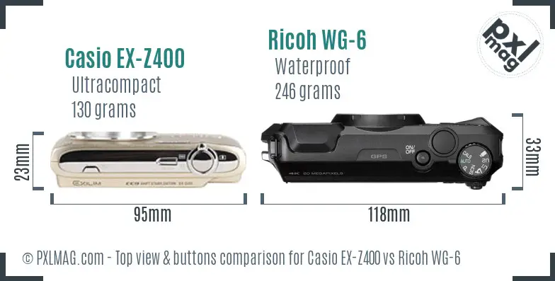 Casio EX-Z400 vs Ricoh WG-6 top view buttons comparison Casio EX-Z400 vs Ricoh WG-6 top view buttons comparison