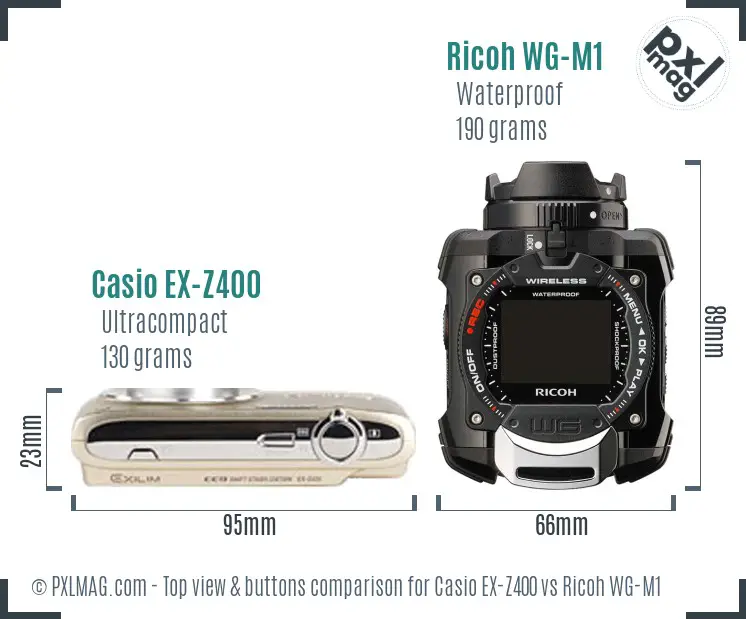 Casio EX-Z400 vs Ricoh WG-M1 top view buttons comparison