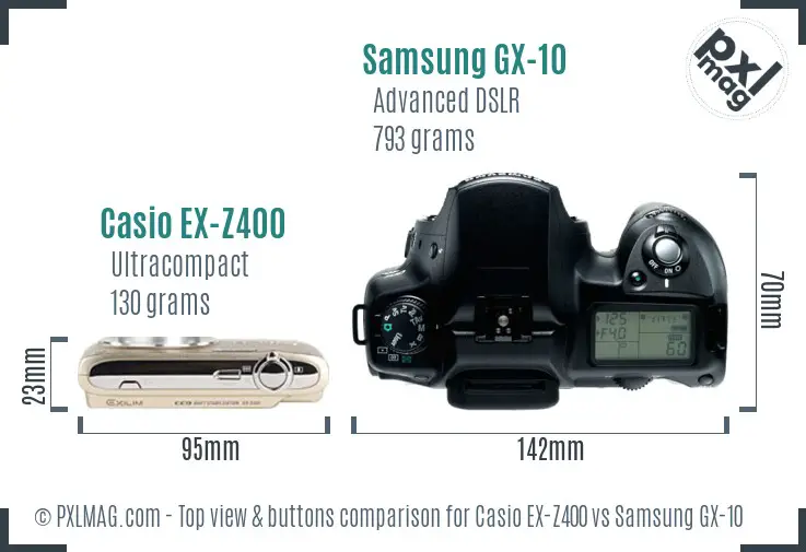 Casio EX-Z400 vs Samsung GX-10 top view buttons comparison Casio EX-Z400 vs Samsung GX-10 top view buttons comparison
