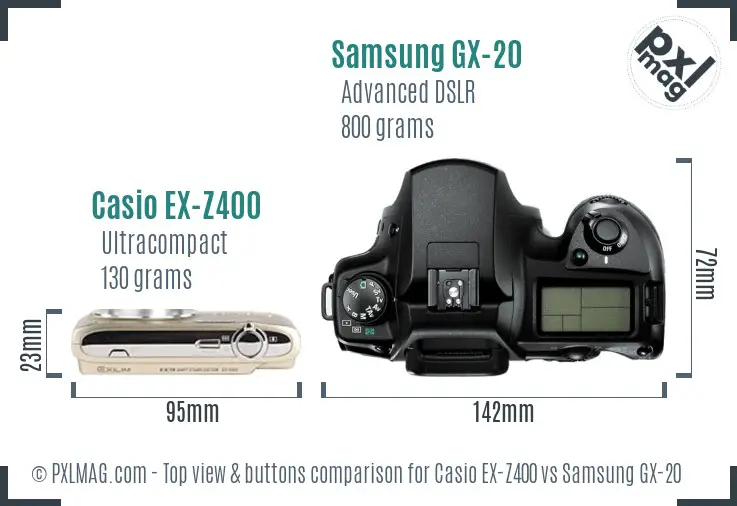 Casio EX-Z400 vs Samsung GX-20 top view buttons comparison Casio EX-Z400 vs Samsung GX-20 top view buttons comparison