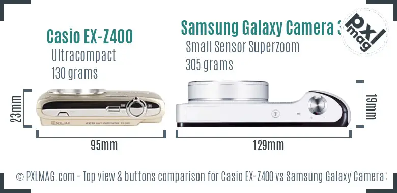 Casio EX-Z400 vs Samsung Galaxy Camera 3G top view buttons comparison Casio EX-Z400 vs Samsung Galaxy Camera 3G top view buttons comparison