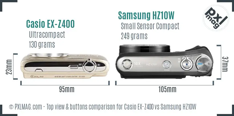 Casio EX-Z400 vs Samsung HZ10W top view buttons comparison Casio EX-Z400 vs Samsung HZ10W top view buttons comparison
