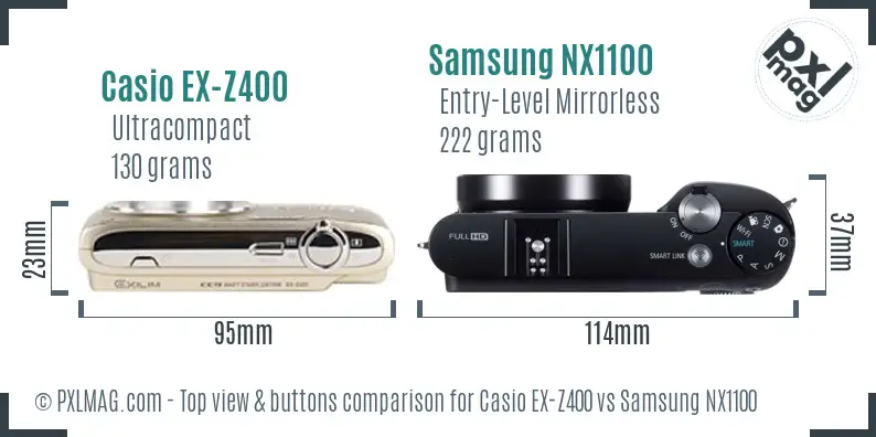 Casio EX-Z400 vs Samsung NX1100 top view buttons comparison Casio EX-Z400 vs Samsung NX1100 top view buttons comparison