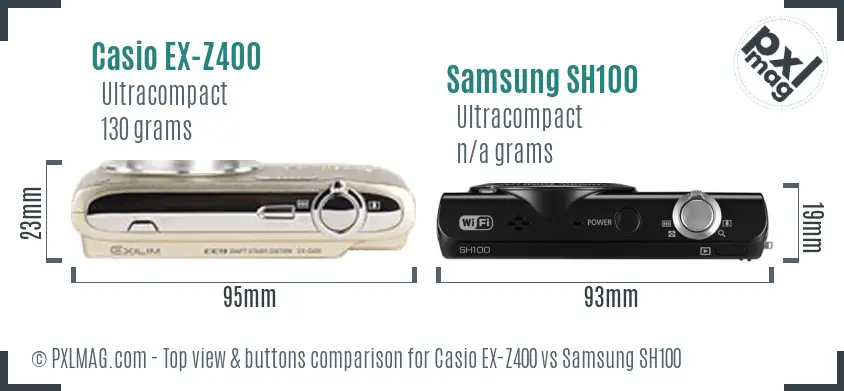 Casio EX-Z400 vs Samsung SH100 top view buttons comparison Casio EX-Z400 vs Samsung SH100 top view buttons comparison