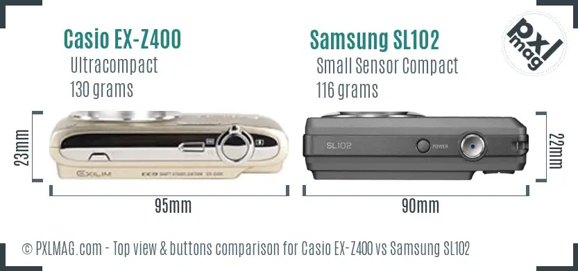 Casio EX-Z400 vs Samsung SL102 top view buttons comparison Casio EX-Z400 vs Samsung SL102 top view buttons comparison