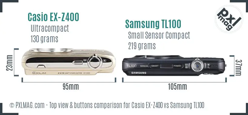 Casio EX-Z400 vs Samsung TL100 top view buttons comparison Casio EX-Z400 vs Samsung TL100 top view buttons comparison