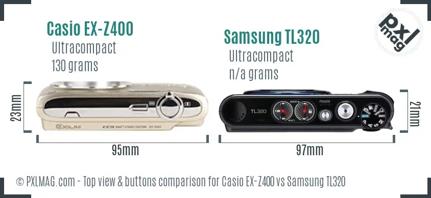 Casio EX-Z400 vs Samsung TL320 top view buttons comparison Casio EX-Z400 vs Samsung TL320 top view buttons comparison