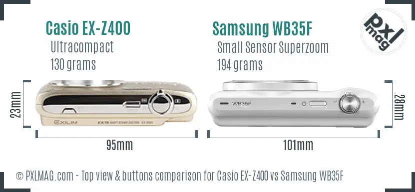 Casio EX-Z400 vs Samsung WB35F top view buttons comparison Casio EX-Z400 vs Samsung WB35F top view buttons comparison
