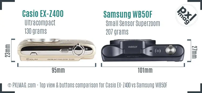 Casio EX-Z400 vs Samsung WB50F top view buttons comparison Casio EX-Z400 vs Samsung WB50F top view buttons comparison