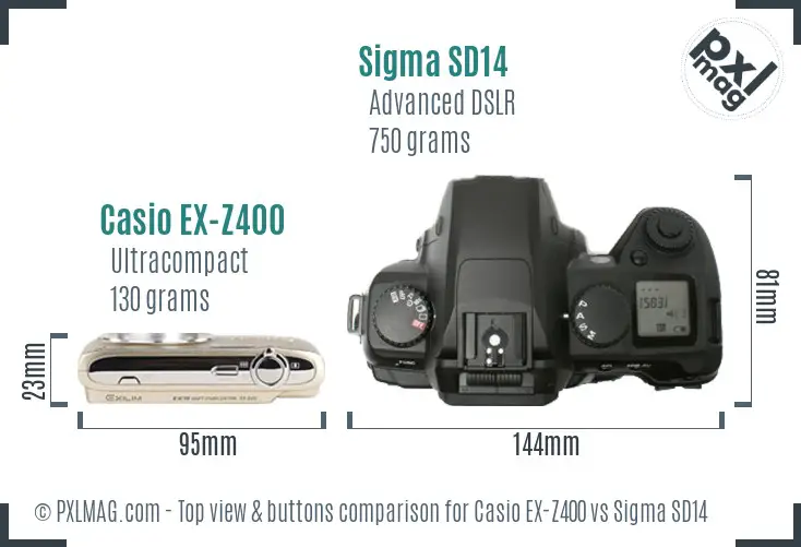 Casio EX-Z400 vs Sigma SD14 top view buttons comparison Casio EX-Z400 vs Sigma SD14 top view buttons comparison