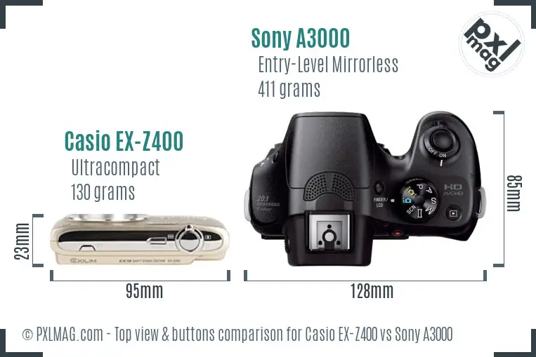 Casio EX-Z400 vs Sony A3000 top view buttons comparison Casio EX-Z400 vs Sony A3000 top view buttons comparison
