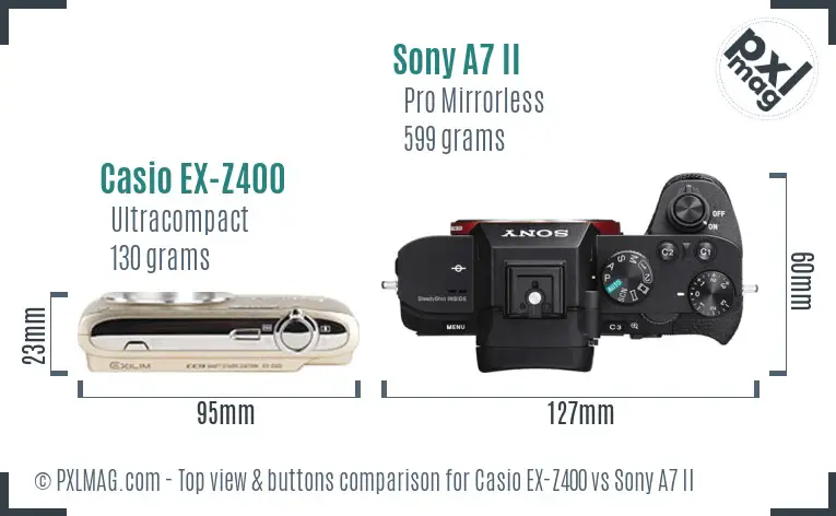 Casio EX-Z400 vs Sony A7 II top view buttons comparison